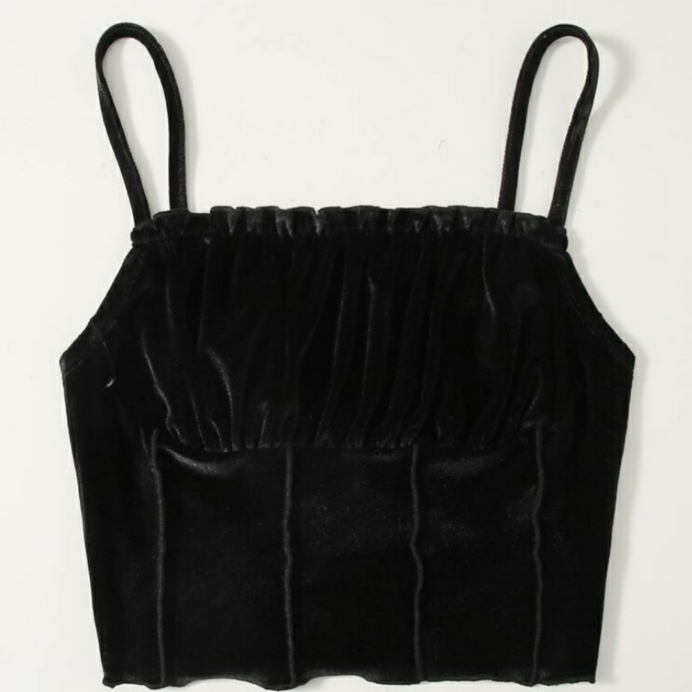 NWOT BLACK ROUCHED BUST VELVET CROP CAMI TOP LARGE    ☆